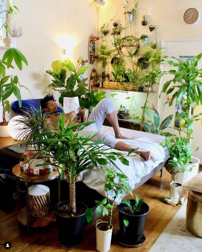 Guy in bed surrounded by plants