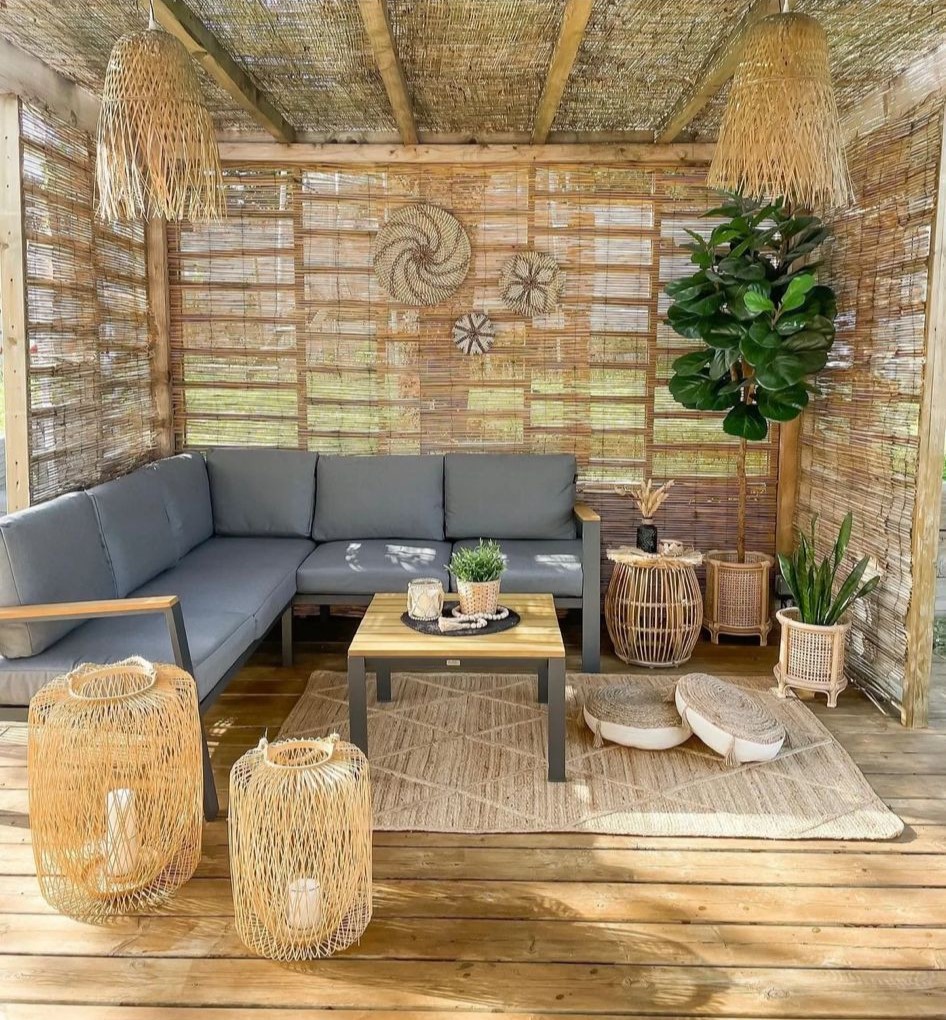 veranda with grey couch