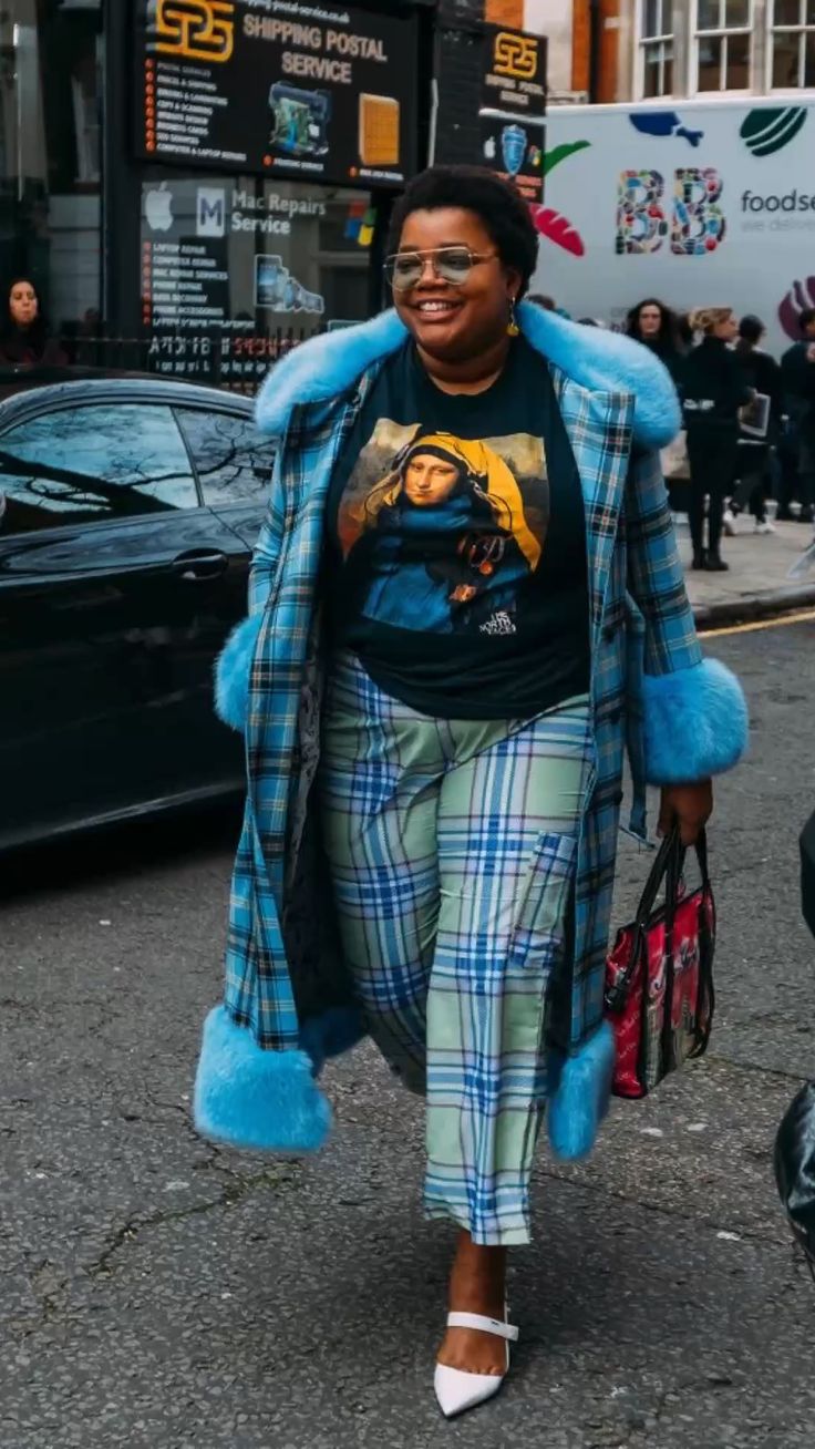 blue outfit outside street