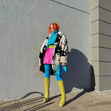 blue pink outfit yellow boots