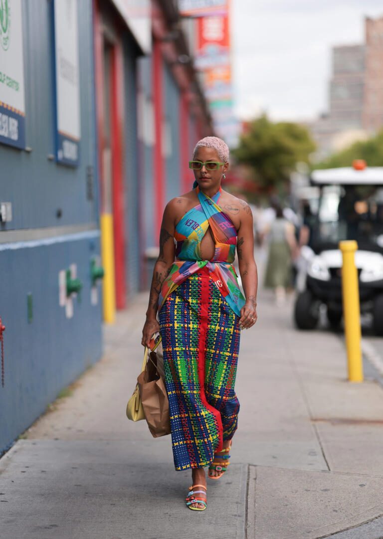 colorful pants and top outside