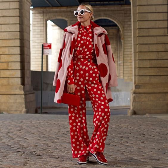 red outfit outside