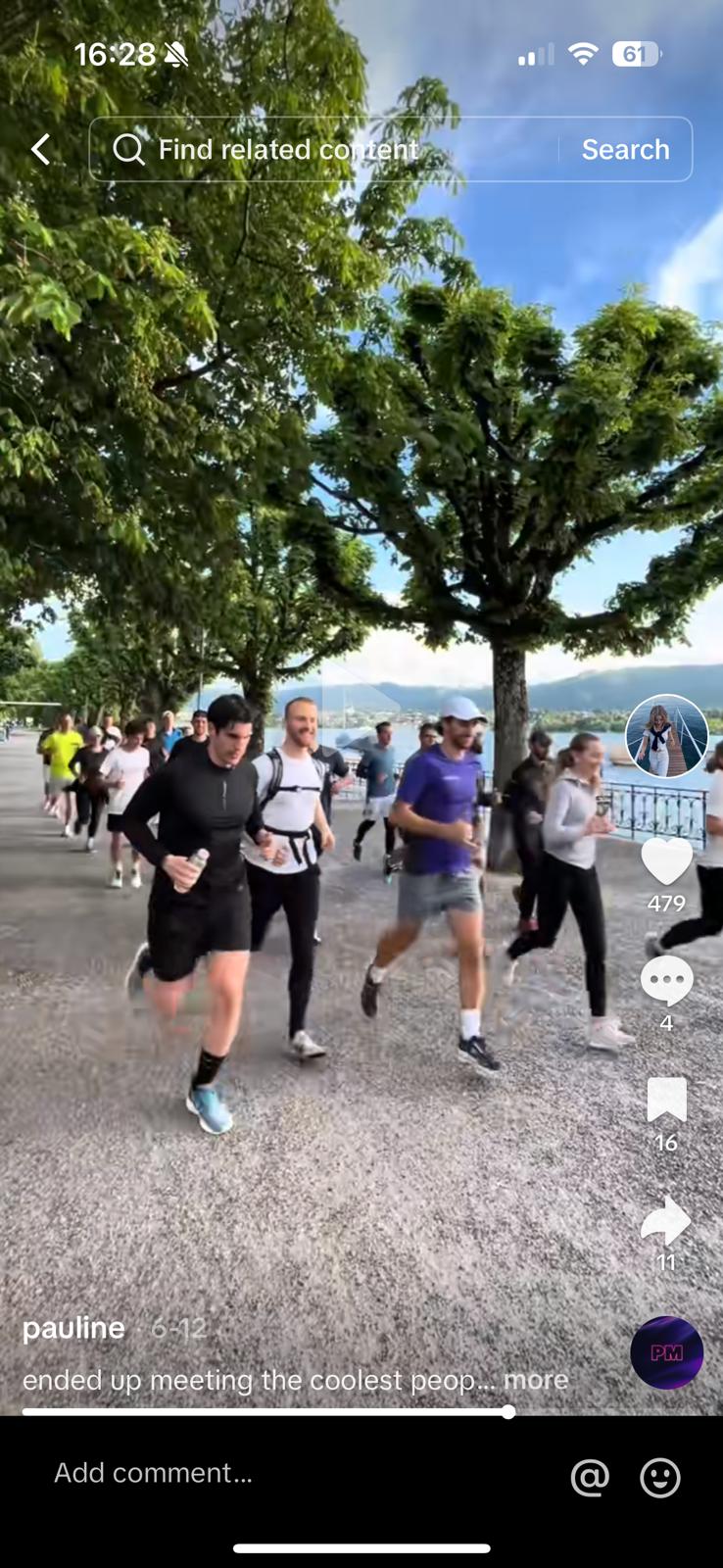 running beside lake and trees