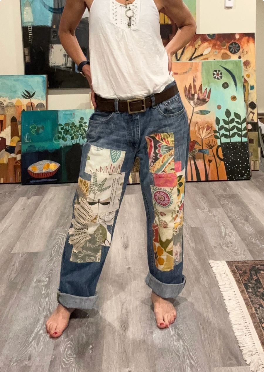 Upcycled patched jeans