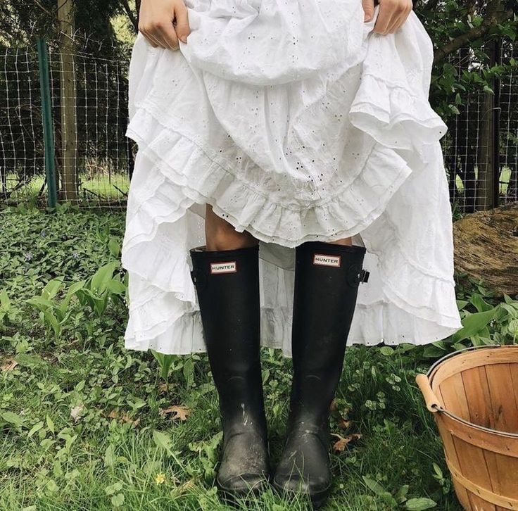White dress and rain boots